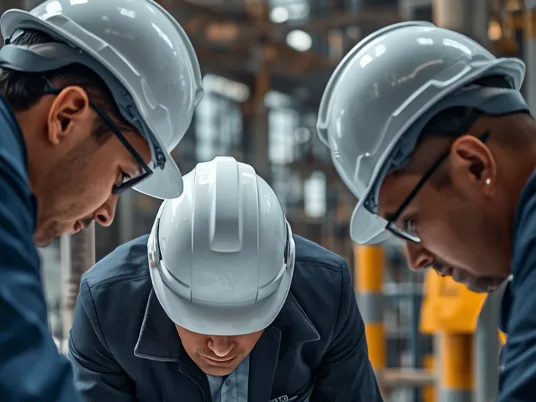 Tecnici con elmetto che esaminano elaborati di progetto in un impianto industriale